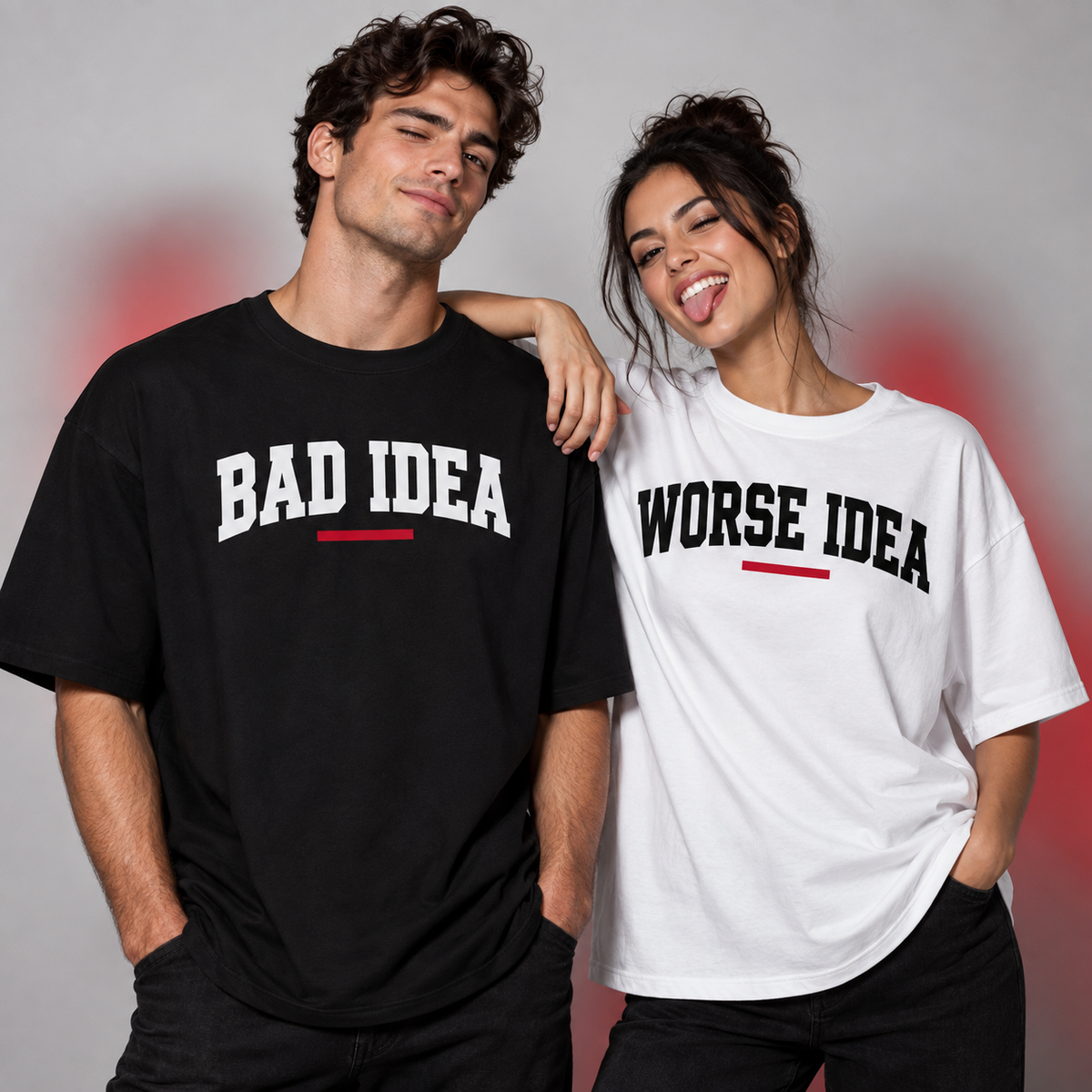 Bad Idea and Worse Idea matching couple tee set